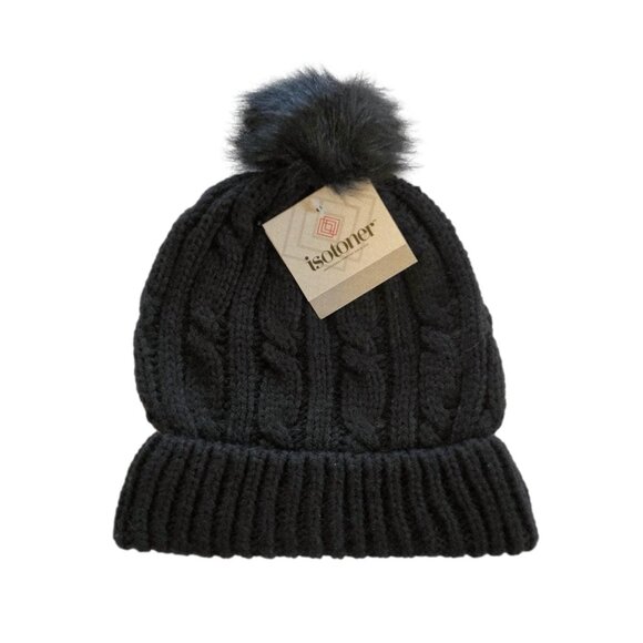 Isotoner Black Cable Knit Beanie Cap with Pom New - Picture 1 of 5
